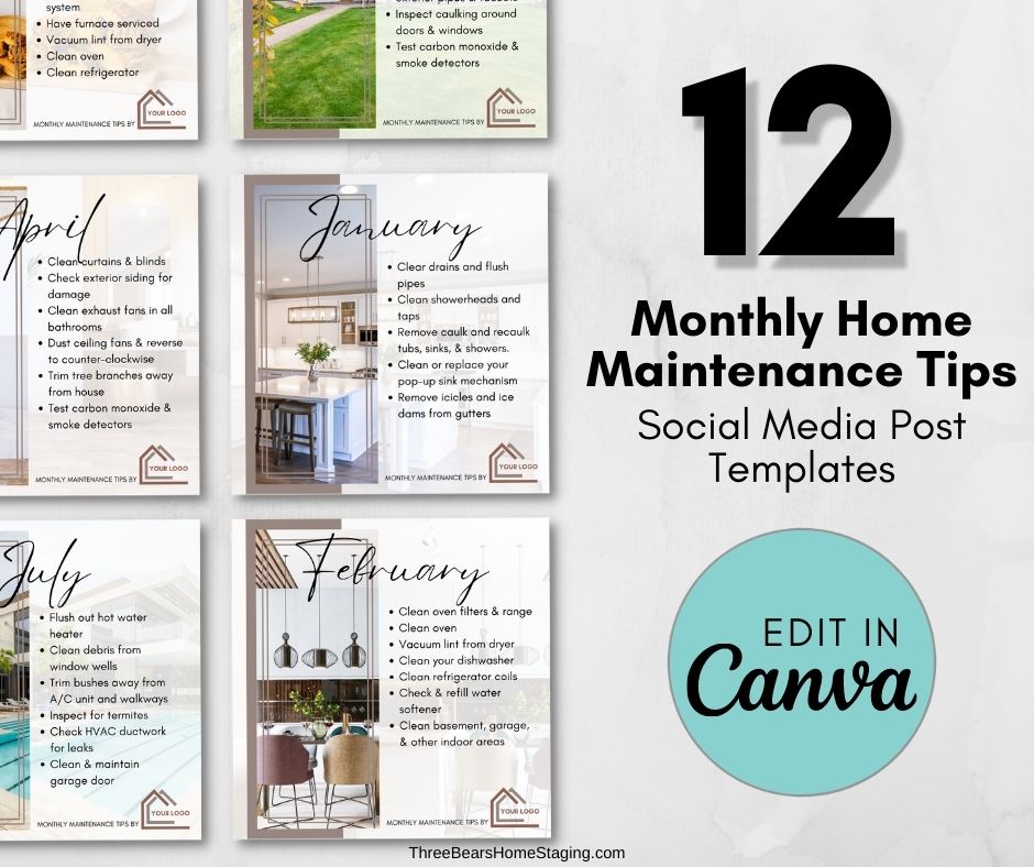 Monthly Home Maintenance Tips Social Media Posts Canva Template